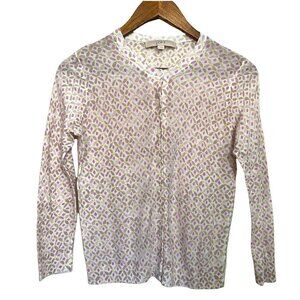 LOFT Womens White Geometric Floral Button Up Ribbed Cuff Cardigan Sweater Medium